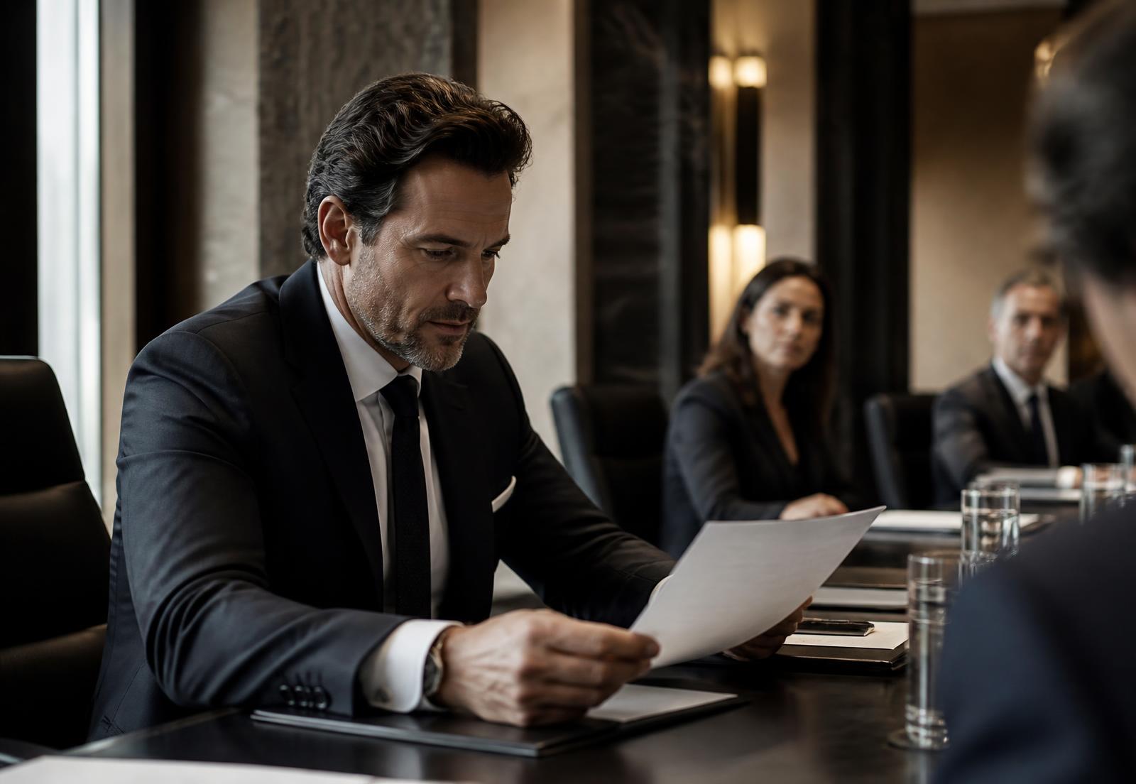 Executiva analisando documentos em escritório corporativo sofisticado