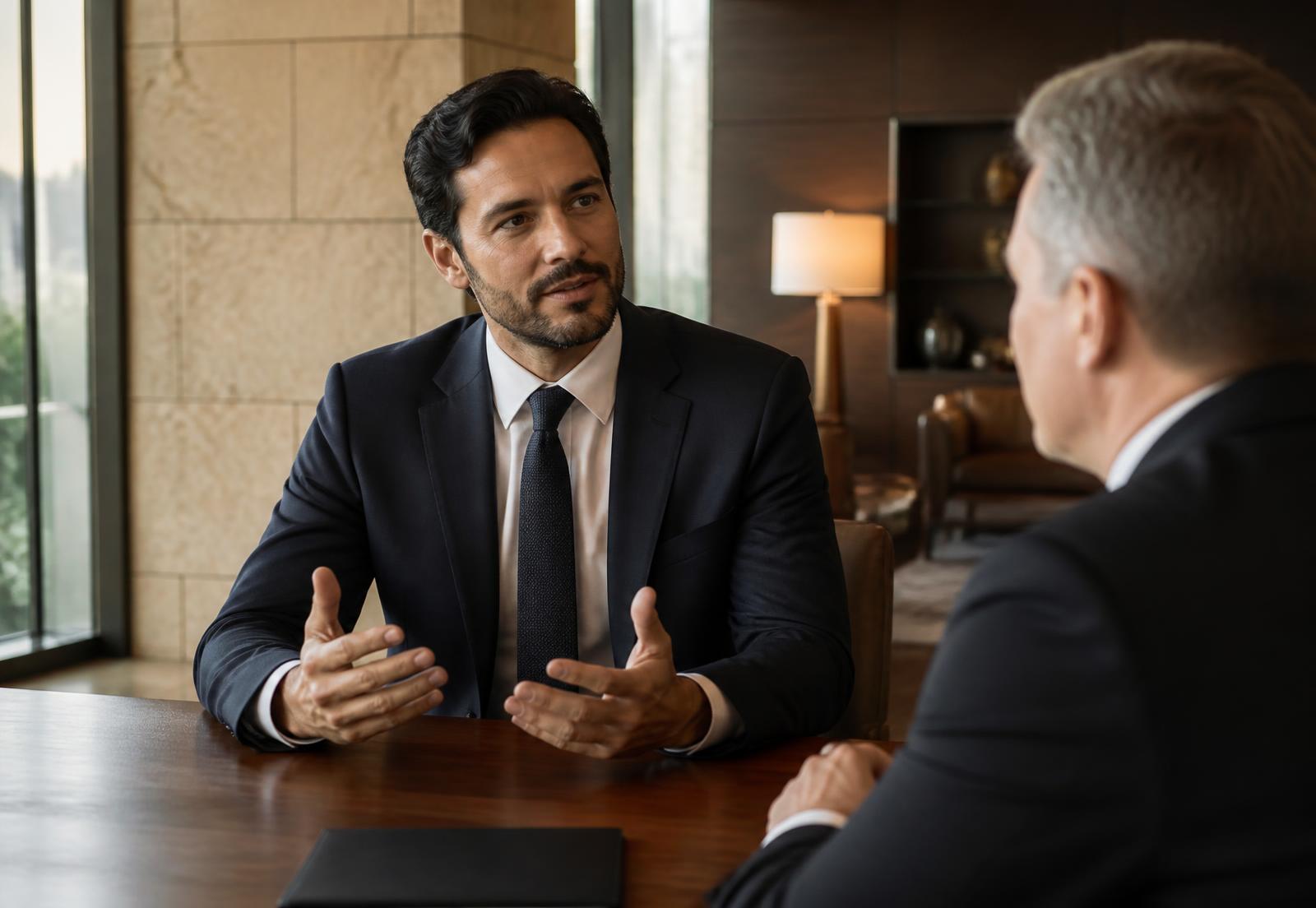 Assessor de investimentos conversando com cliente em sala de reunião executiva