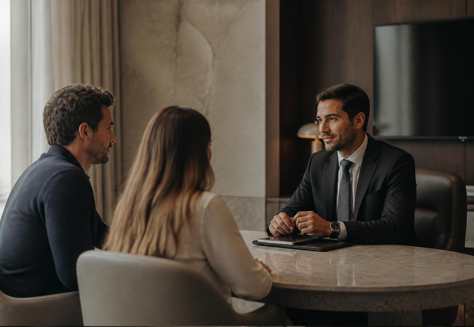 Assessor de investimentos em reunião com clientes em sala executiva