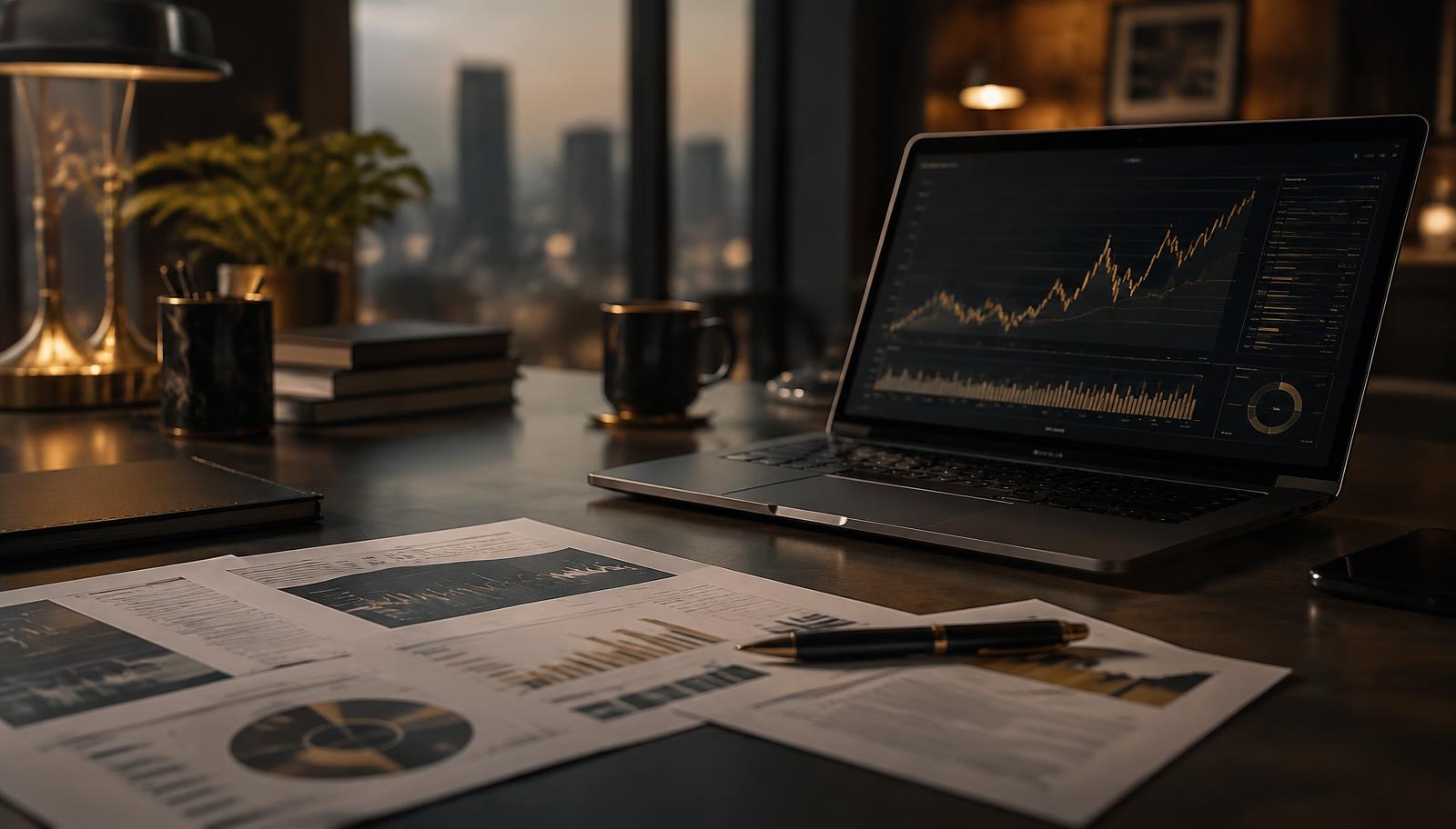 Mesa de análise com gráficos de mercado e relatórios